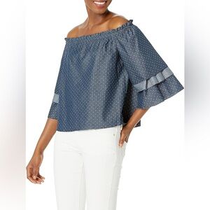 Parker Blouse Chambray Polka Dot Off Shoulder Carmen Top 3/4 Flare Sleeve